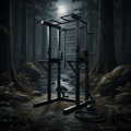Black steel Titan Off-Grid Pull-Up & Dip Station in a moonlit forest with kettlebell and rope on the ground.