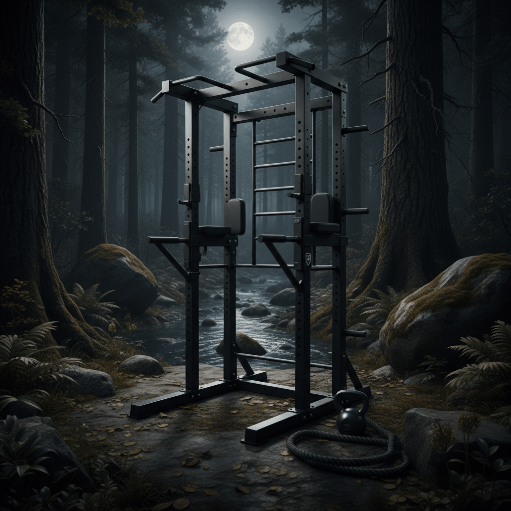 Black steel Titan Off-Grid Pull-Up & Dip Station in a moonlit forest with kettlebell and rope on the ground.
