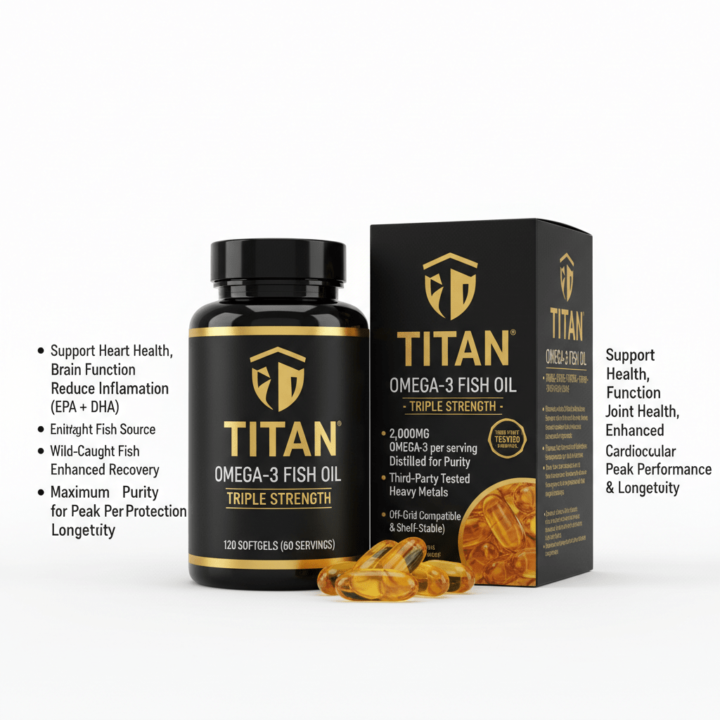 TITAN Triple Strength Omega-3 Fish Oil bottle and box in black and gold with golden softgel capsules in front.