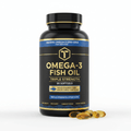 Black Titan Omega-3 bottle with gold text, blue accents, 90 softgels, and amber capsules on a white background.