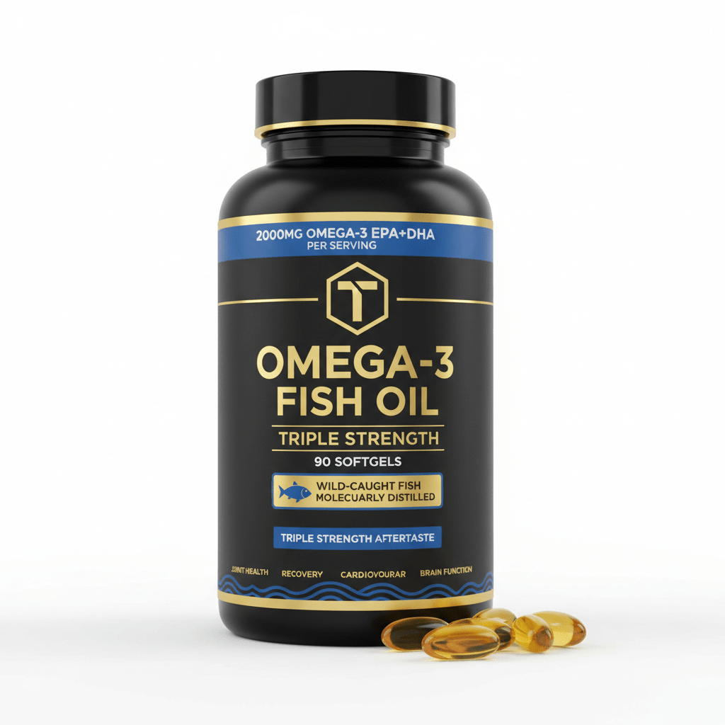 Black Titan Omega-3 bottle with gold text, blue accents, 90 softgels, and amber capsules on a white background.