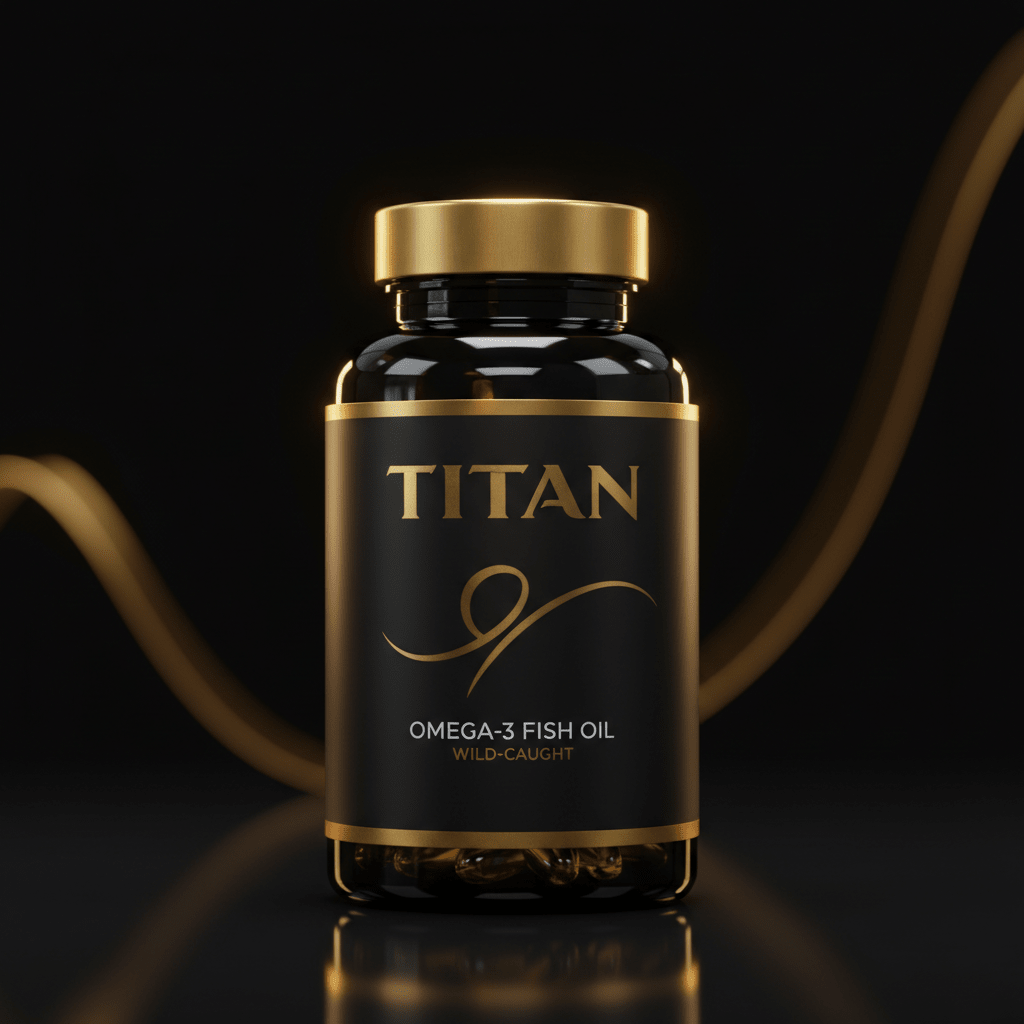 TITAN Omega-3 Fish Oil supplement in a black bottle with gold accents, a gold cap, and elegant script against black.