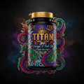 TITAN Omega-3 bottle with ornate, colorful skull, trident, and fish art on a black background and gold cap.