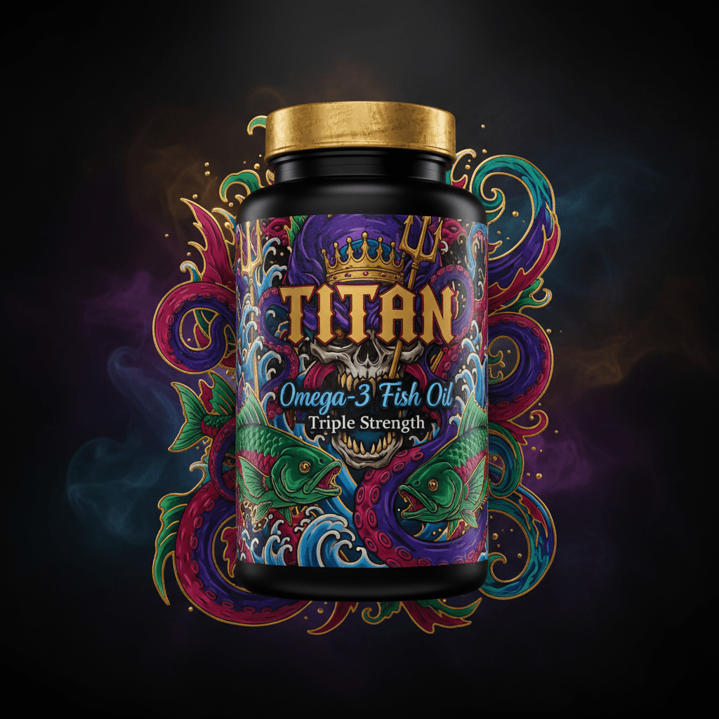 TITAN Omega-3 bottle with ornate, colorful skull, trident, and fish art on a black background and gold cap.