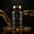 TITAN Omega-3 supplement bottle in matte black and gold, surrounded by golden fish oil softgels on a dark background.