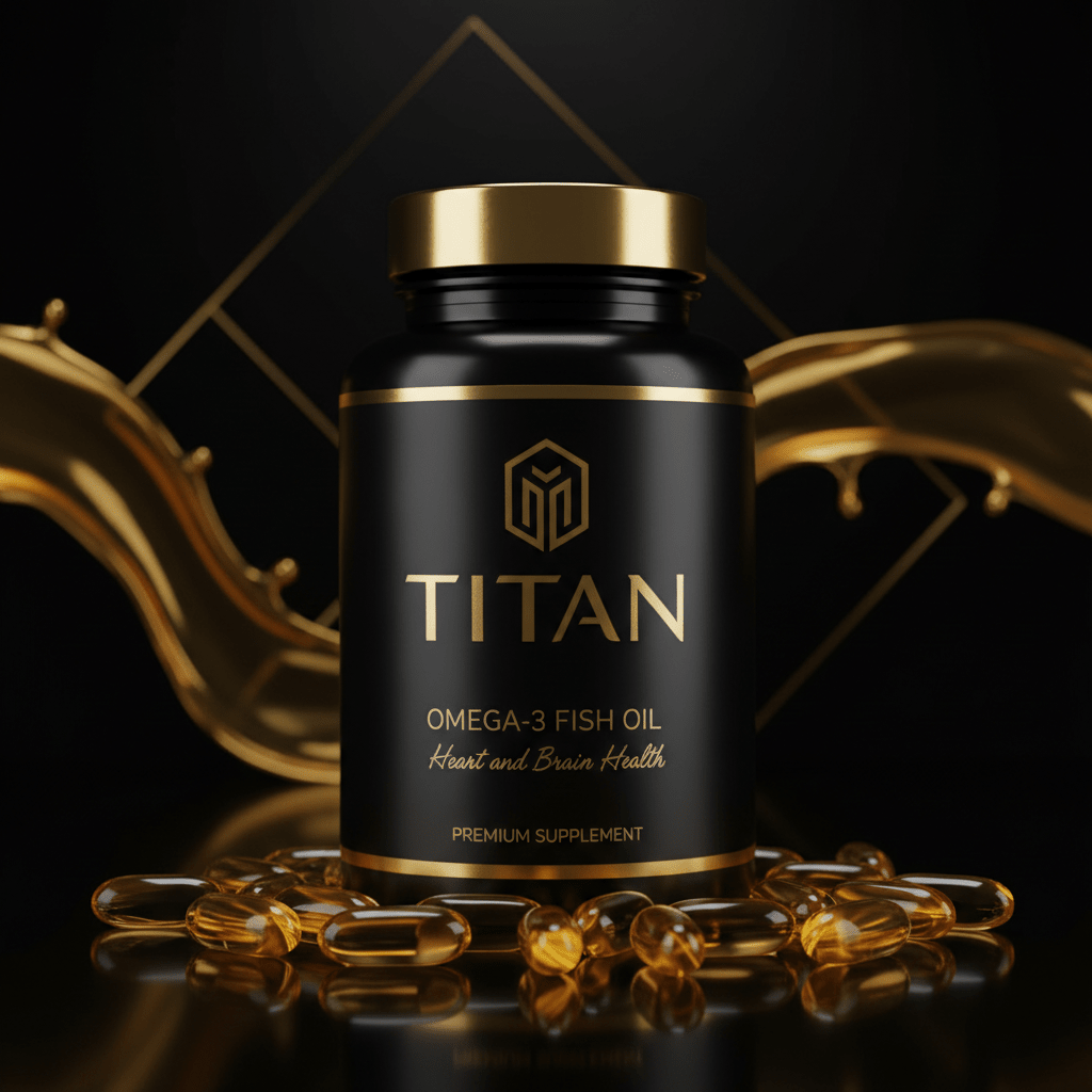 TITAN Omega-3 supplement bottle in matte black and gold, surrounded by golden fish oil softgels on a dark background.