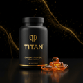 Black bottle of Titan Triple Strength Omega-3 with gold logo and text, next to amber gel capsules on black surface.