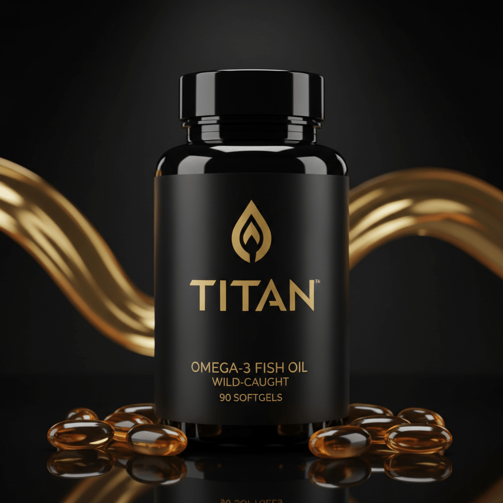 Black supplement bottle with gold TITAN logo, text reading "Omega-3 Fish Oil, Wild-Caught, 90 Softgels," and gold swirls.
