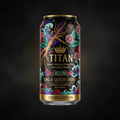 TITAN energy drink can in black with vibrant, intricate floral art, gold text, a crown logo, and metallic trim.