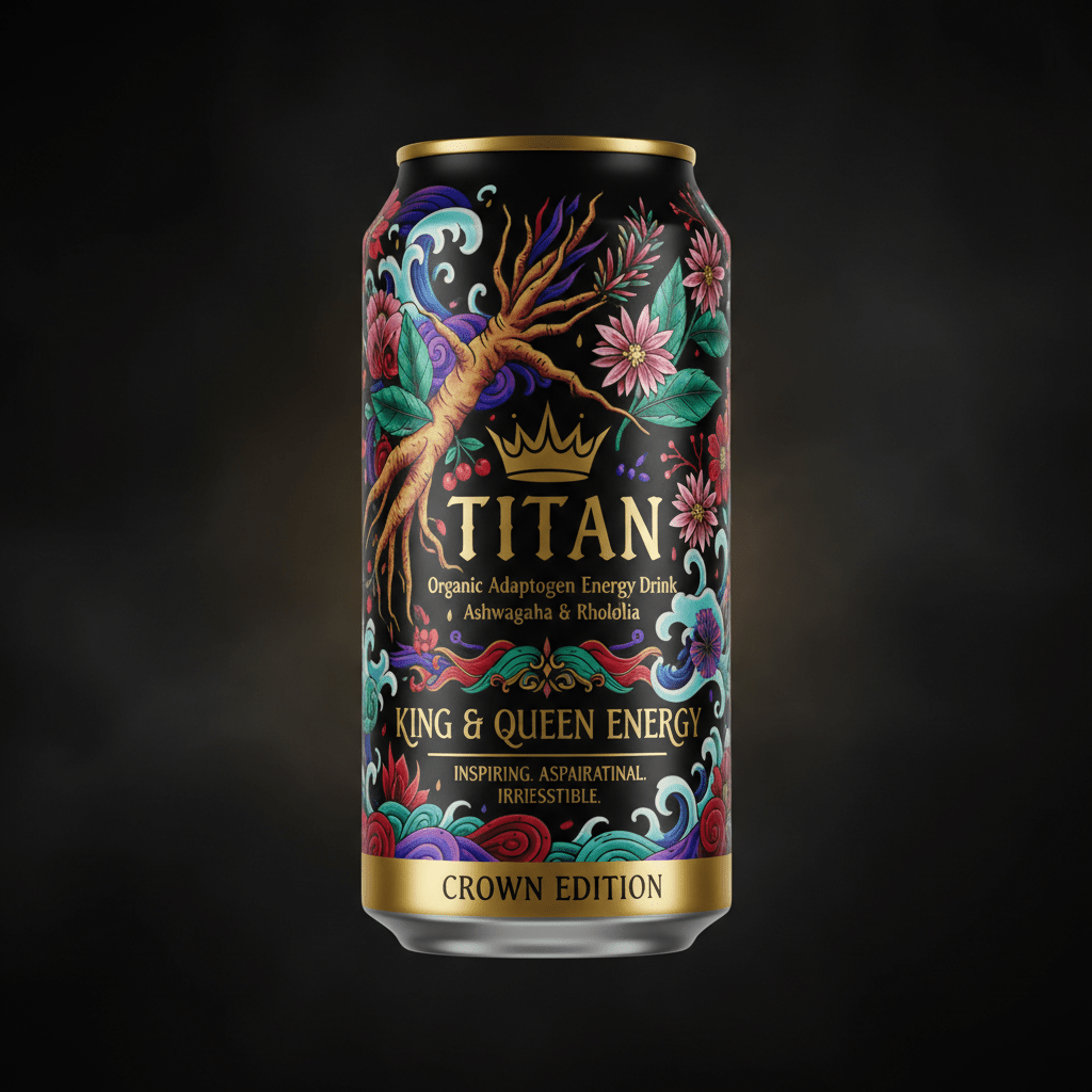 TITAN energy drink can in black with vibrant, intricate floral art, gold text, a crown logo, and metallic trim.