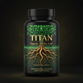 Black bottle of Titan Organic Alfalfa Leaf with gold text and a graphic of a tree with deep, detailed roots.