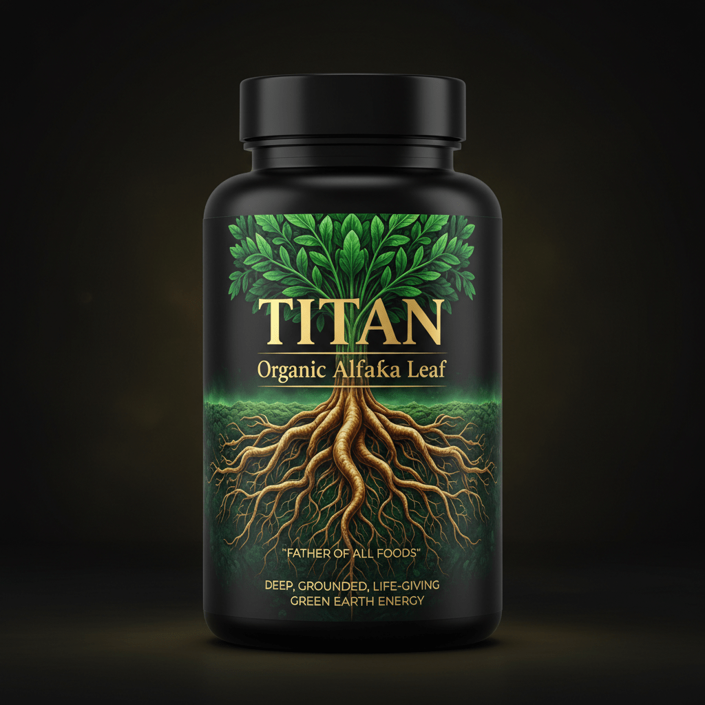 Black bottle of Titan Organic Alfalfa Leaf with gold text and a graphic of a tree with deep, detailed roots.