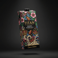 TITAN Organic Unsweetened Almond Milk carton with vibrant floral, almond, and crown motifs on a black background.