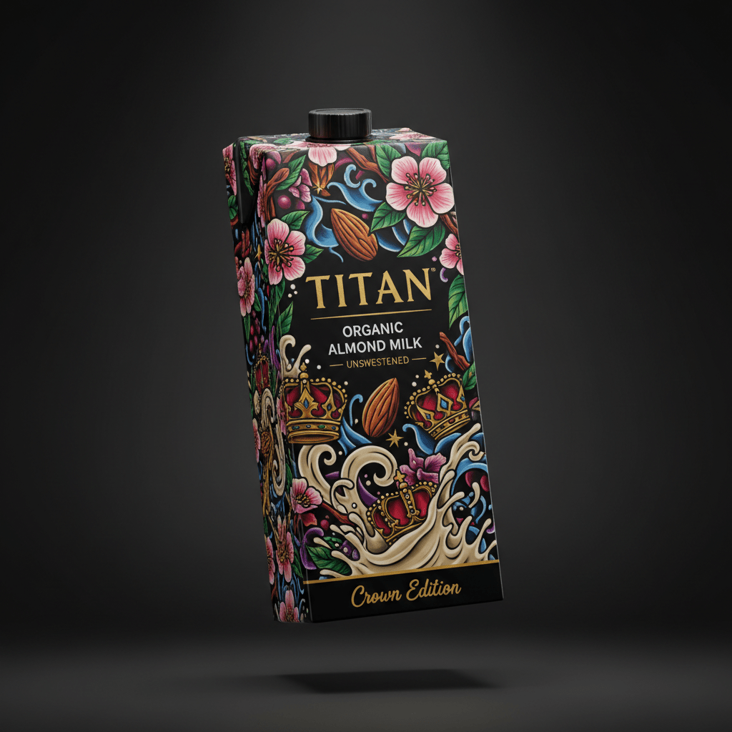 TITAN Organic Unsweetened Almond Milk carton with vibrant floral, almond, and crown motifs on a black background.