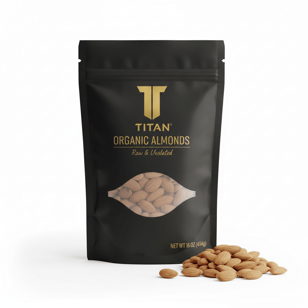 Black pouch of TITAN Organic Raw & Unsalted Almonds with gold branding and a clear window, loose almonds in front.