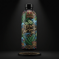 TITAN Organic Aloe Vera Juice bottle with ornate, colorful illustrations of aloe leaves, crowns, and gold text on black.