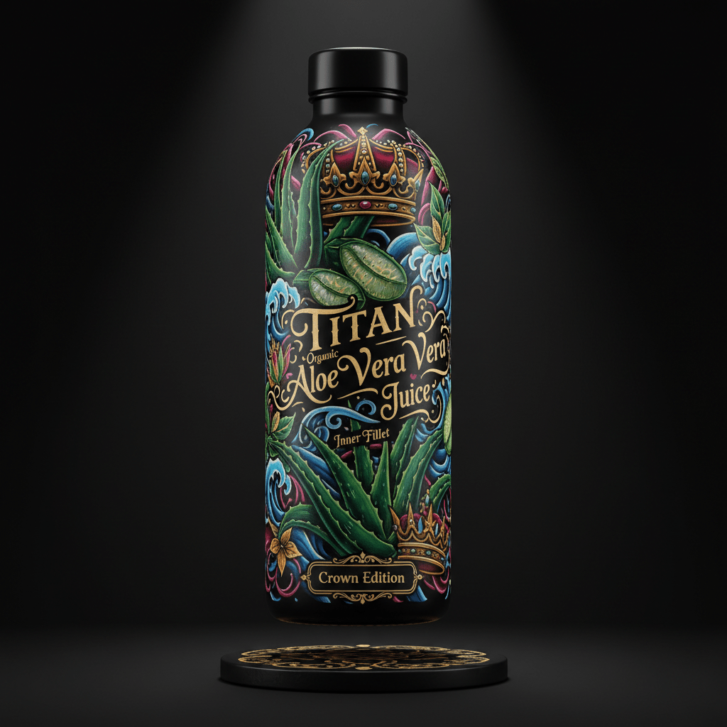 TITAN Organic Aloe Vera Juice bottle with ornate, colorful illustrations of aloe leaves, crowns, and gold text on black.