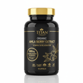 Black supplement bottle with gold cap and label, featuring Amla berry graphic, gold text, and 90 capsules count.