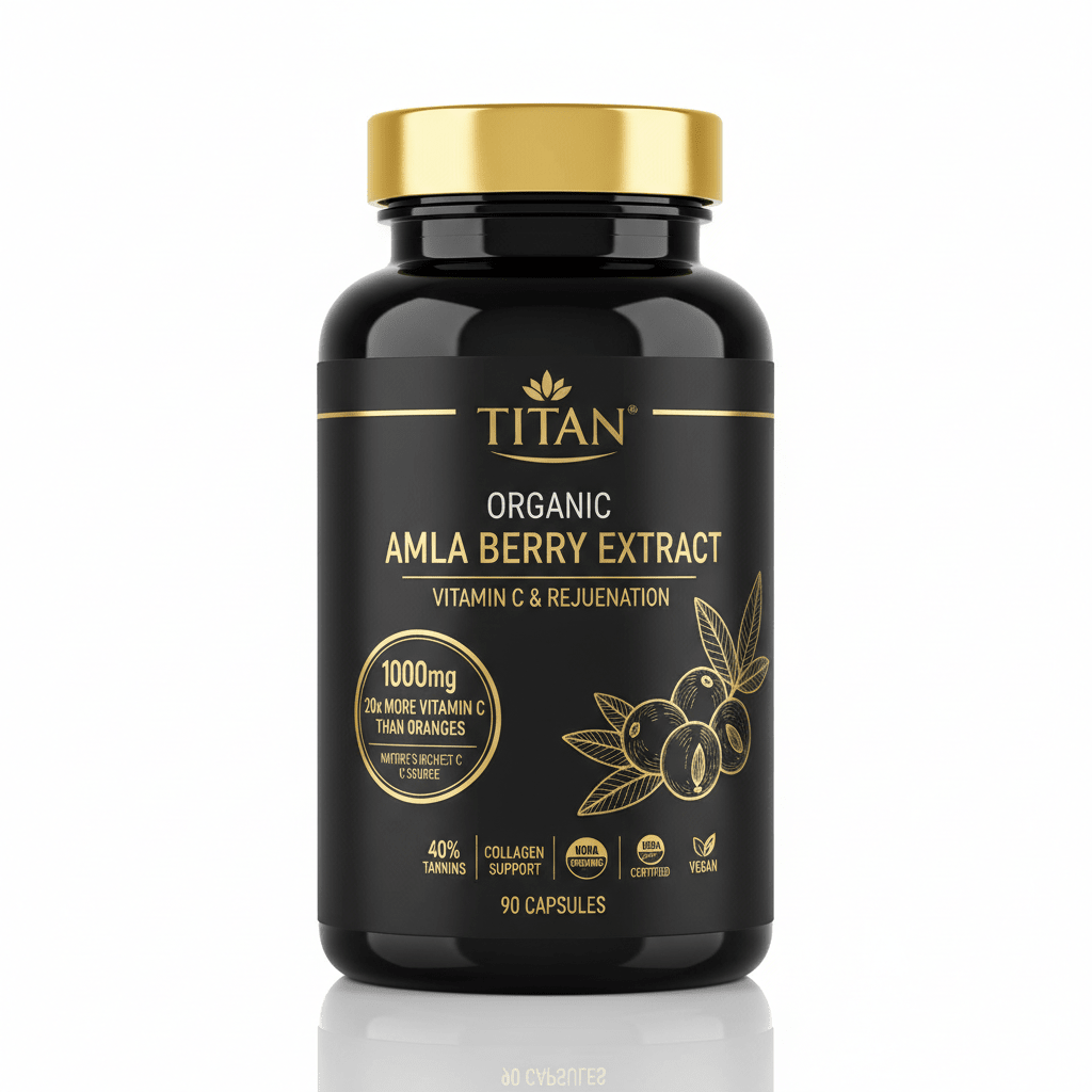 Black supplement bottle with gold cap and label, featuring Amla berry graphic, gold text, and 90 capsules count.