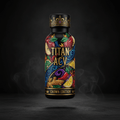 TITAN ACV Crown Edition shot: black bottle with ornate gold crown cap and vibrant fruit and spice graphic art.