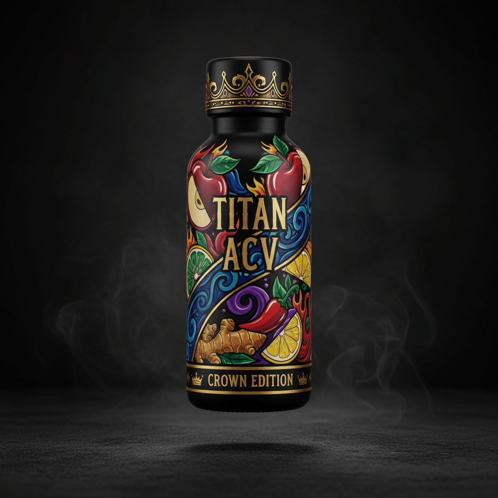 TITAN ACV Crown Edition shot: black bottle with ornate gold crown cap and vibrant fruit and spice graphic art.