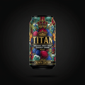 TITAN Organic Beet Root Energy Drink can featuring ornate gold crown art, vibrant beets, berries, and teal swirl design.
