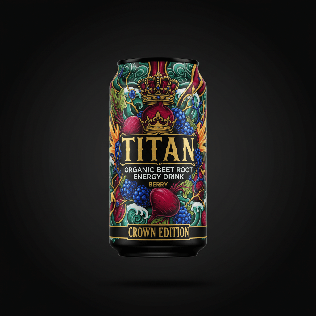 TITAN Organic Beet Root Energy Drink can featuring ornate gold crown art, vibrant beets, berries, and teal swirl design.