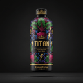 TITAN beet root juice bottle with black background, vibrant beet graphics, gold crown logos, and text against black.