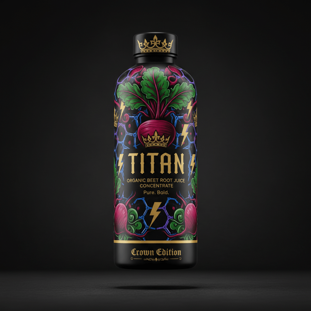 TITAN beet root juice bottle with black background, vibrant beet graphics, gold crown logos, and text against black.