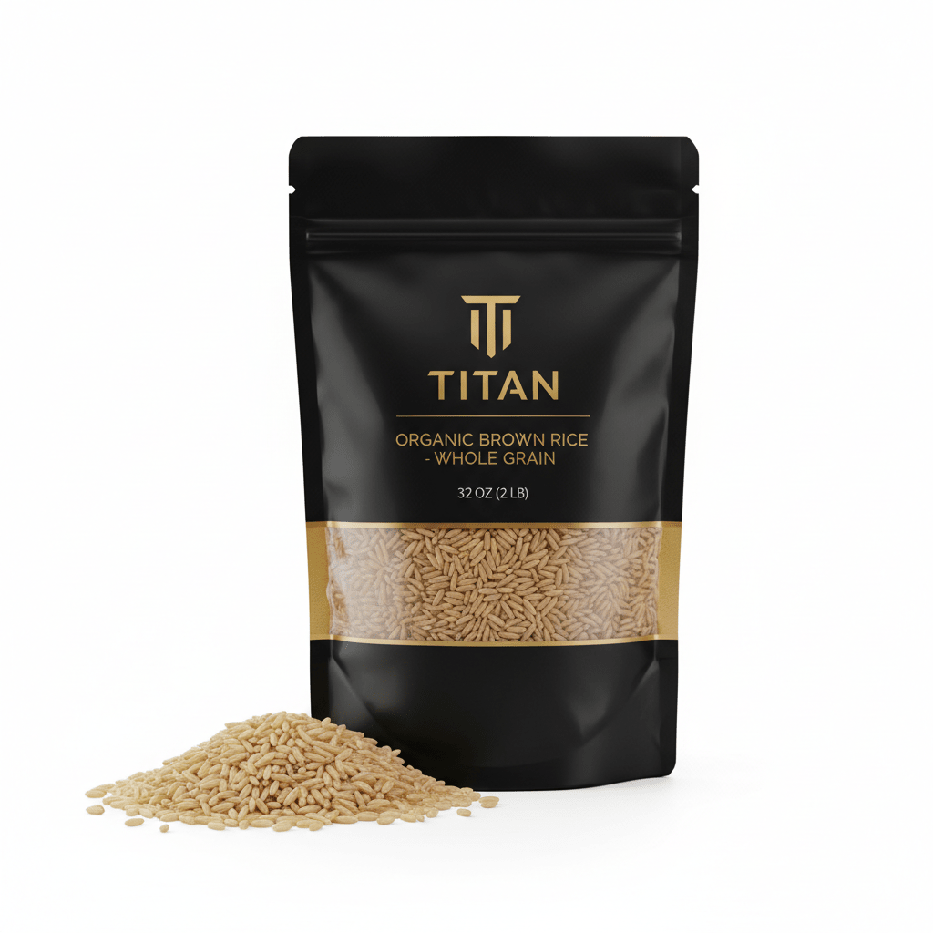 Black stand-up pouch of Titan organic brown rice with gold logo and clear window showing grain, white background.