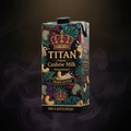 TITAN Organic Unsweetened Cashew Milk carton with dark floral art, a gold crown emblem, and "Crown Edition" label.
