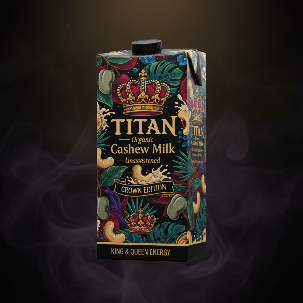 TITAN Organic Unsweetened Cashew Milk carton with dark floral art, a gold crown emblem, and "Crown Edition" label.