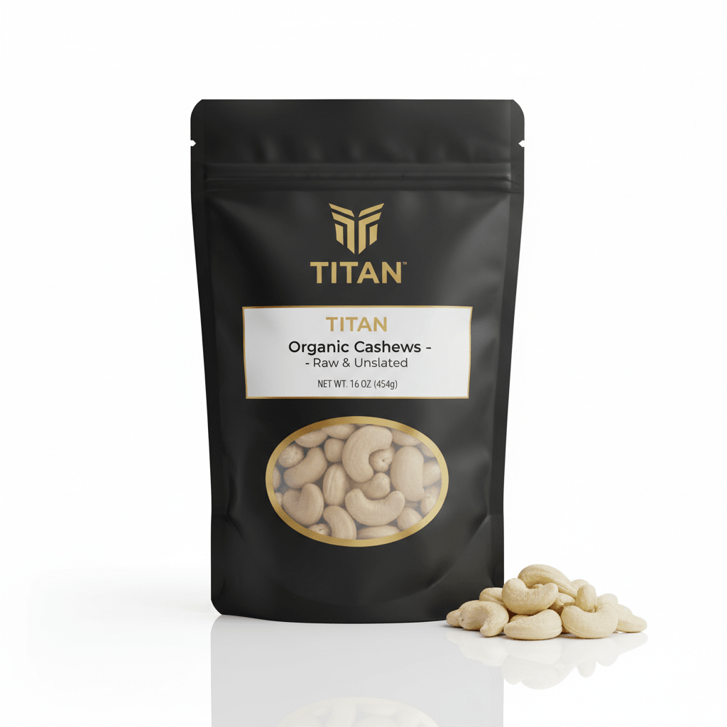 Black stand-up pouch of TITAN Organic Raw Unsalted Cashews with gold logo and clear window revealing nuts inside.