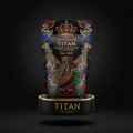 Black pouch with gold crown, Mayan pyramid art, and cacao pod, set on a gold-rimmed pedestal labeled TITAN.