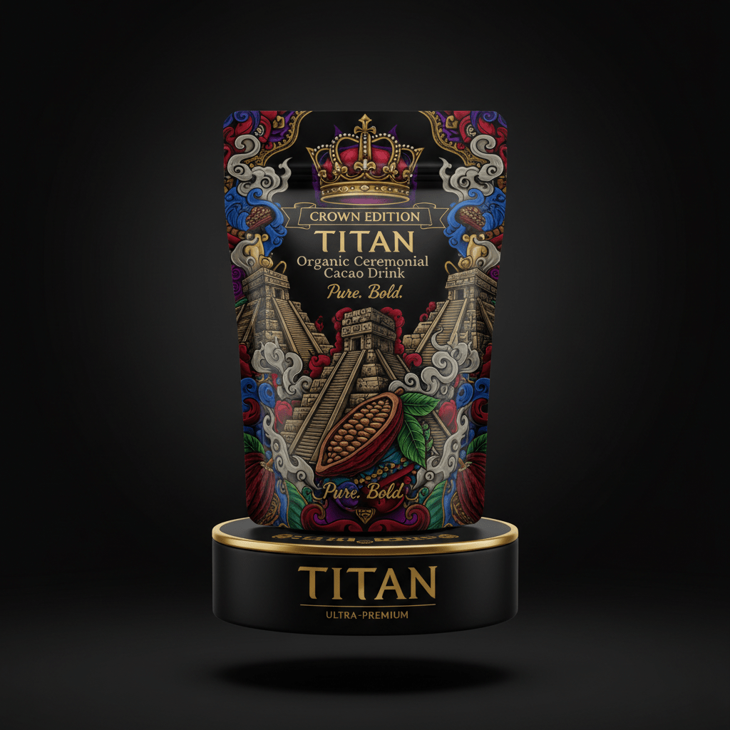 Black pouch with gold crown, Mayan pyramid art, and cacao pod, set on a gold-rimmed pedestal labeled TITAN.