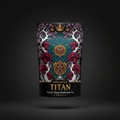 TITAN Organic Chaga Tea pouch featuring ornate mushroom, tree, and crown artwork in vivid jewel tones on black.