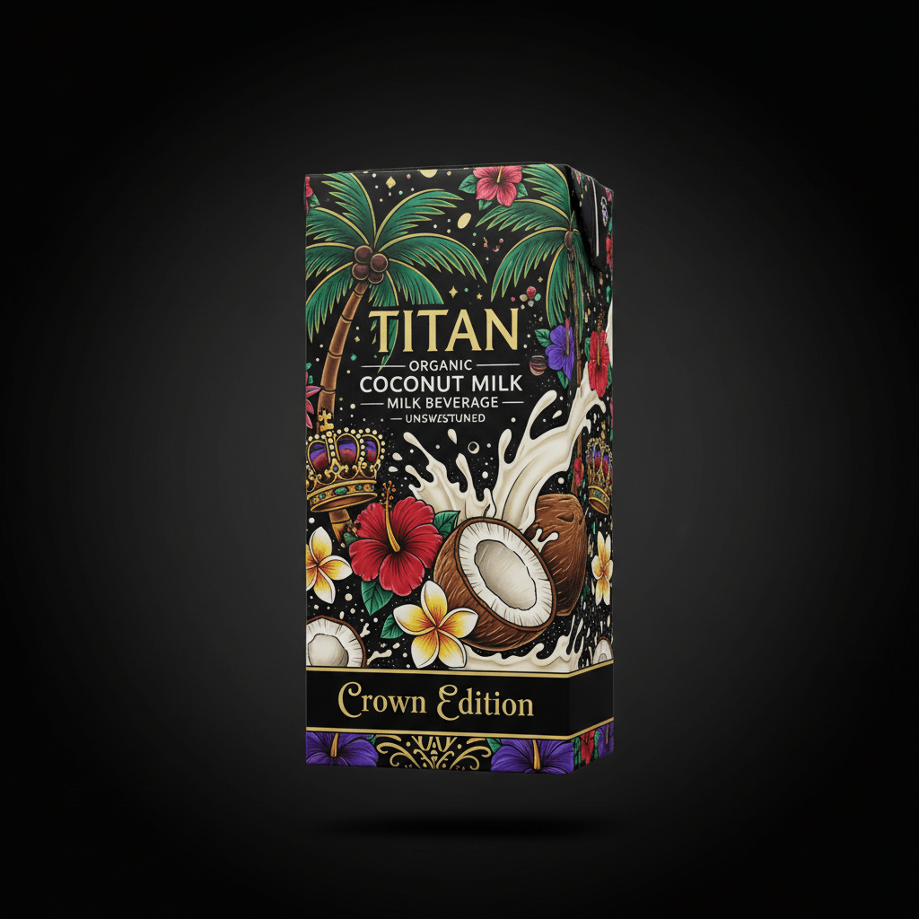 TITAN Unsweetened Coconut Milk carton featuring tropical palm, flower, crown graphics, and white splash on black background.