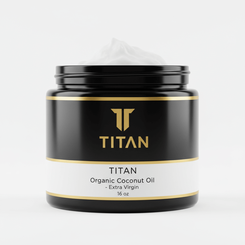Black jar of Titan Organic Extra Virgin Coconut Oil with gold branding and white label, featuring a scoop of white oil.
