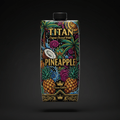 TITAN pineapple coconut water carton featuring vibrant tropical illustrations, gold text, and a crown logo on black.
