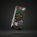 TITAN Organic Coconut Water carton with vibrant tropical art, gold crowns, coconuts, palms, and swirling blue waves.