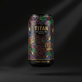 TITAN Organic Cold Brew can with vibrant, illustrative crown, coffee bean, and lightning bolt design on black background.