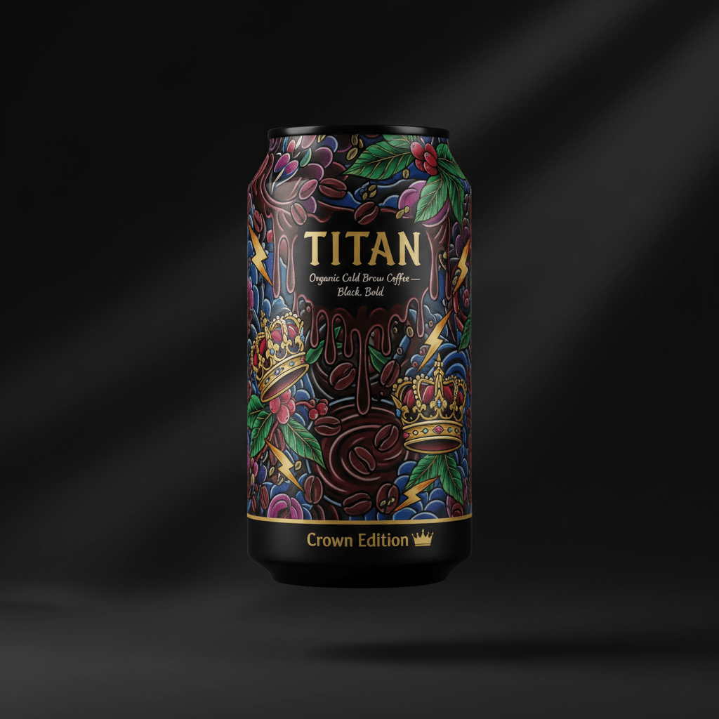 TITAN Organic Cold Brew can with vibrant, illustrative crown, coffee bean, and lightning bolt design on black background.
