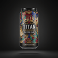 TITAN Oat Milk Latte can features a colorful, ornate design with crowns, coffee art, and red and blue drip motifs.
