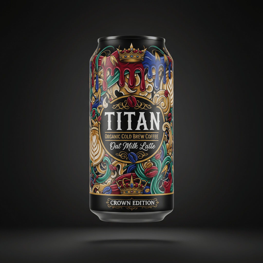 TITAN Oat Milk Latte can features a colorful, ornate design with crowns, coffee art, and red and blue drip motifs.