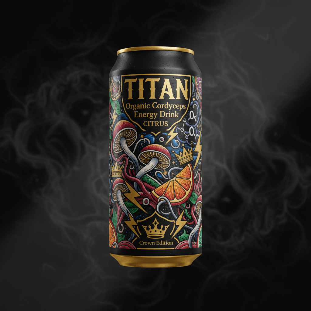 TITAN Organic Cordyceps Citrus can with vibrant, psychedelic mushroom and orange art on a matte black background.