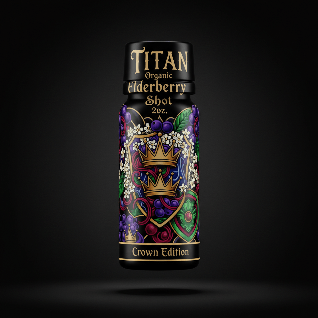 Titan Organic Elderberry Shot in a black 2oz bottle, featuring an ornate crest, crowns, berries, and gold typography.