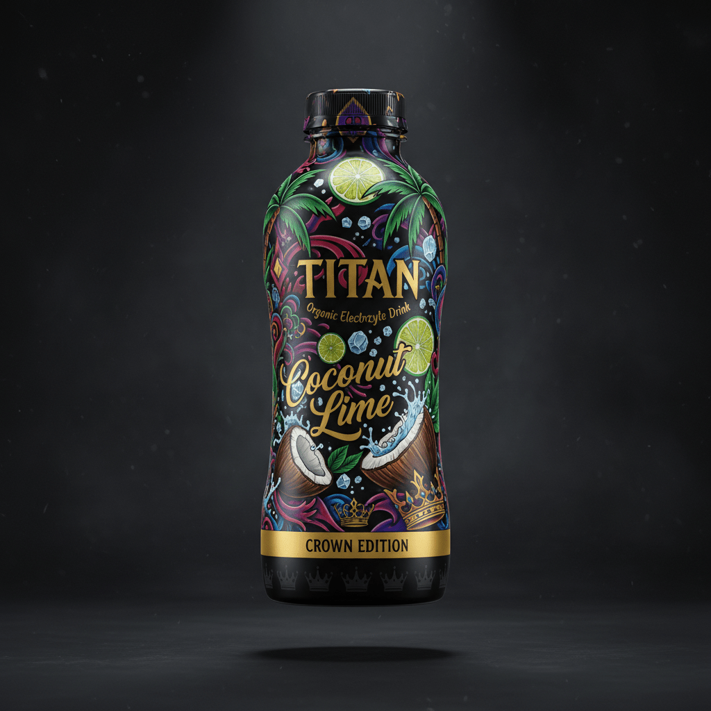TITAN Coconut Lime electrolyte drink in a black bottle with vibrant neon palm, lime, and coconut crown art.