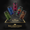 TITAN organic energy drink cans featuring colorful, ornate botanical art, floating above a black branded variety box.