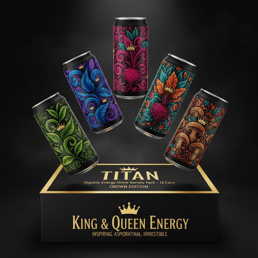 TITAN organic energy drink cans featuring colorful, ornate botanical art, floating above a black branded variety box.