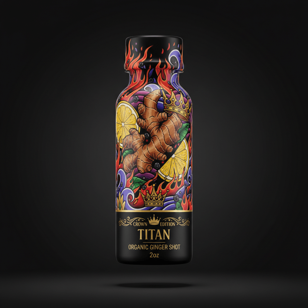 TITAN 2oz Organic Ginger Shot in black bottle with vibrant ginger, lemon, flame, and gold crown illustrations.